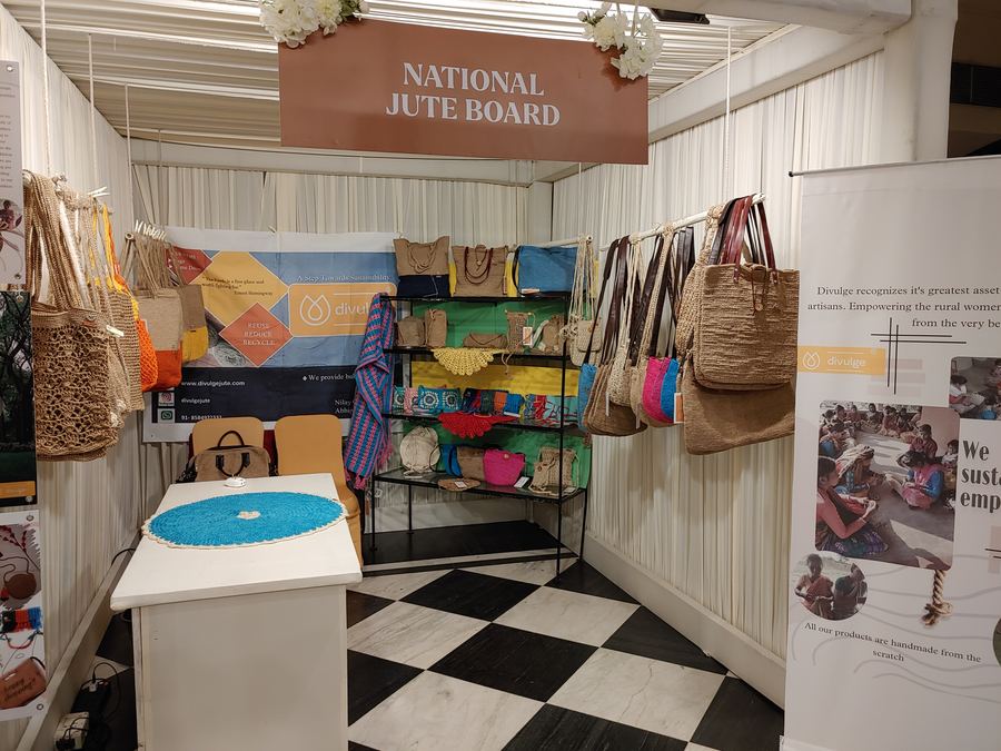 A National Jute Board pavilion booth with jute bags